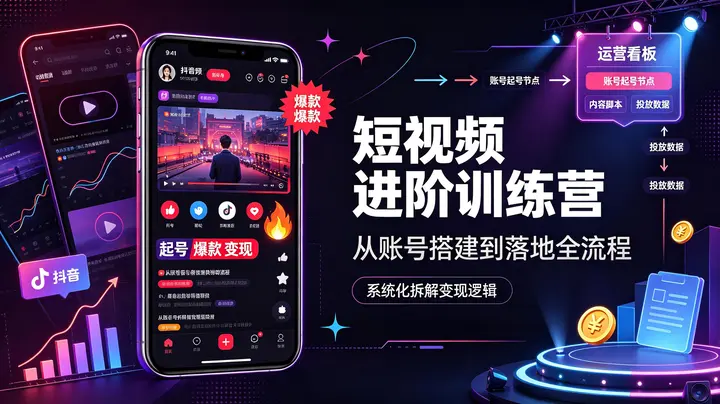 抖音短视频进阶训练营，完整覆盖从账号起号到爆款落地全流程，系统化拆解短视频变现核心逻辑